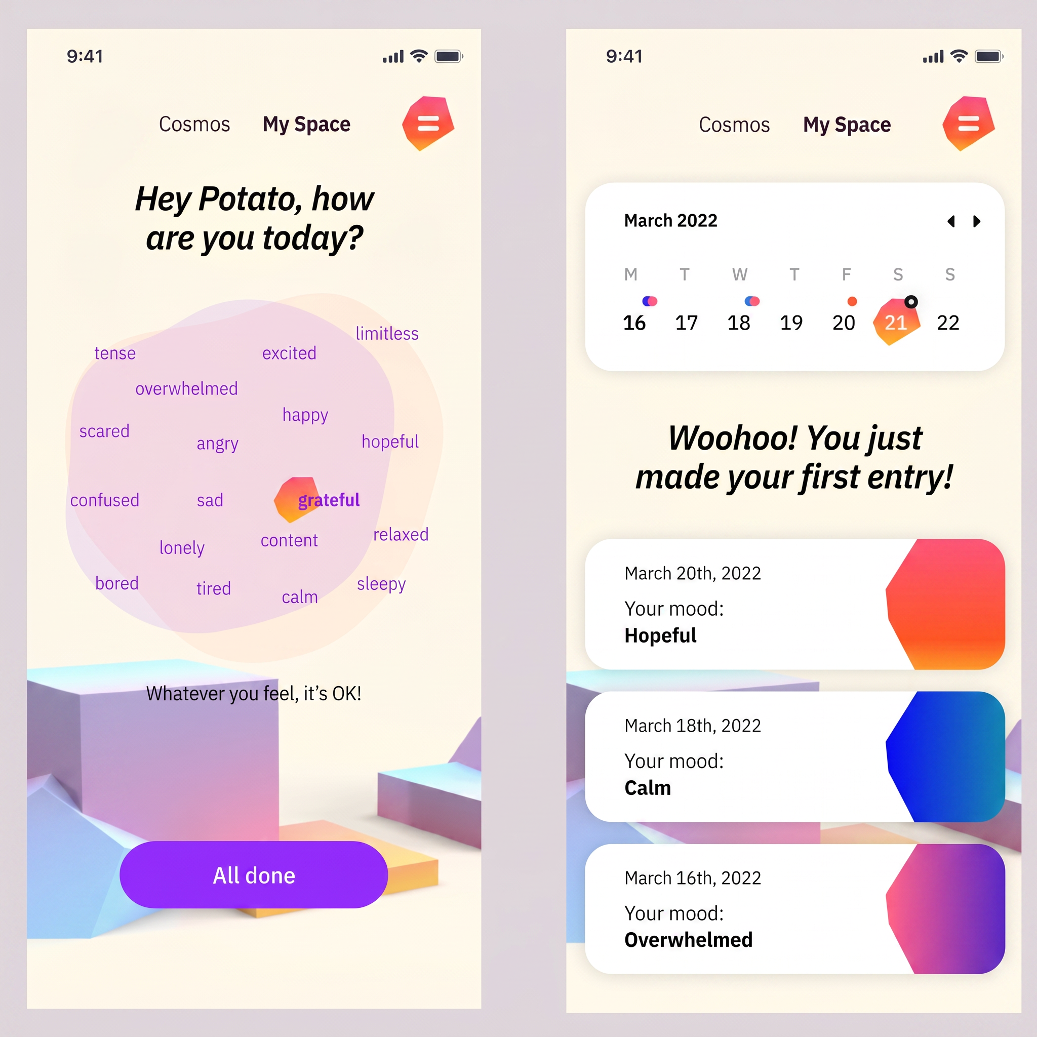 Original Tozi emotion check-in screens — single-emotion selection and calendar entry