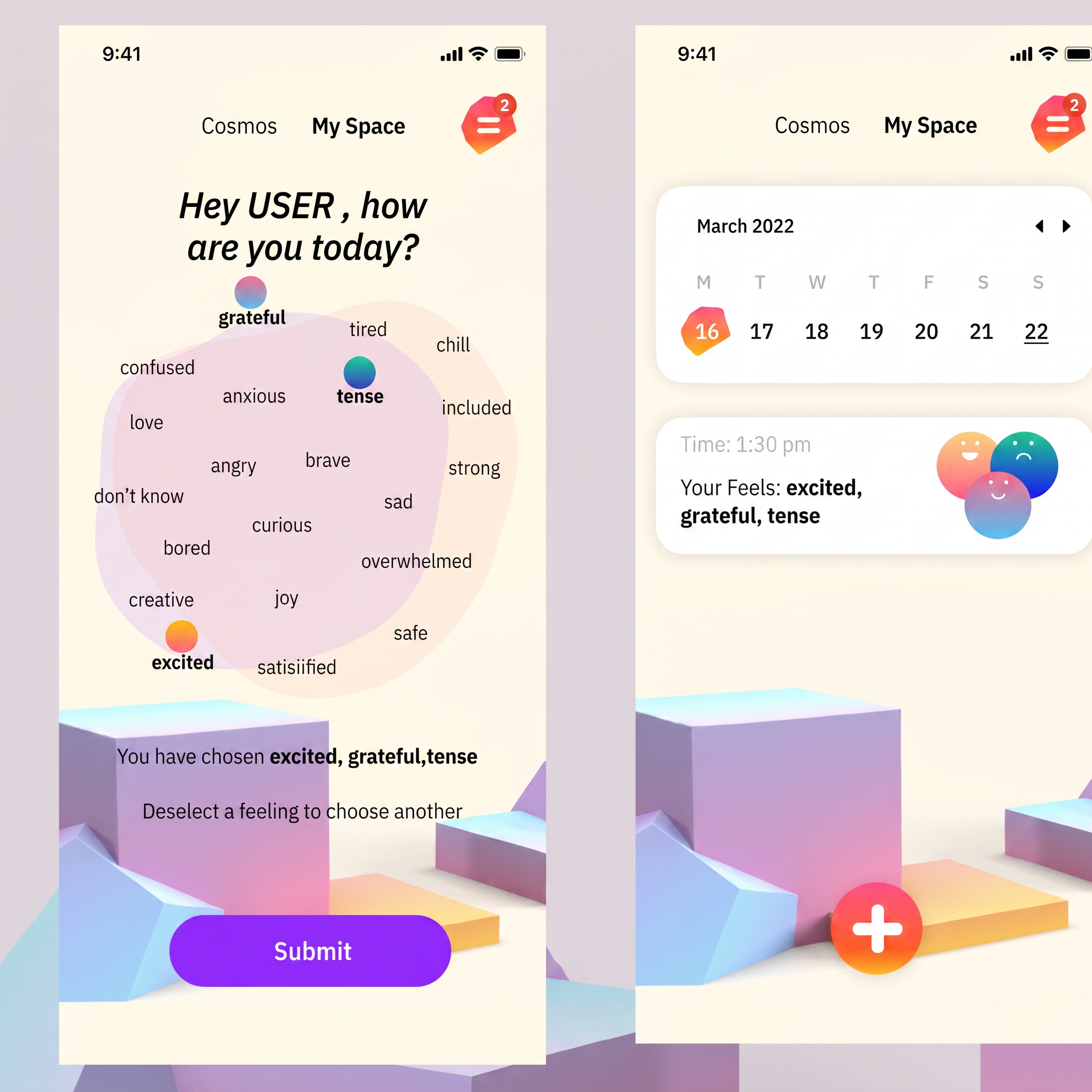 Redesigned Tozi screens — multi-emotion check-in and layered mood summary